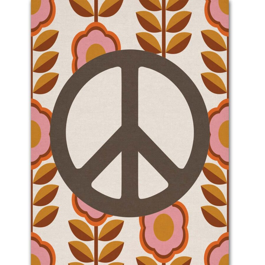 01 -1 peace-symbol-Display-1 A retro floral pattern with pink flowers and brown leaves. The design has a 1960s-inspired, vintage aesthetic.